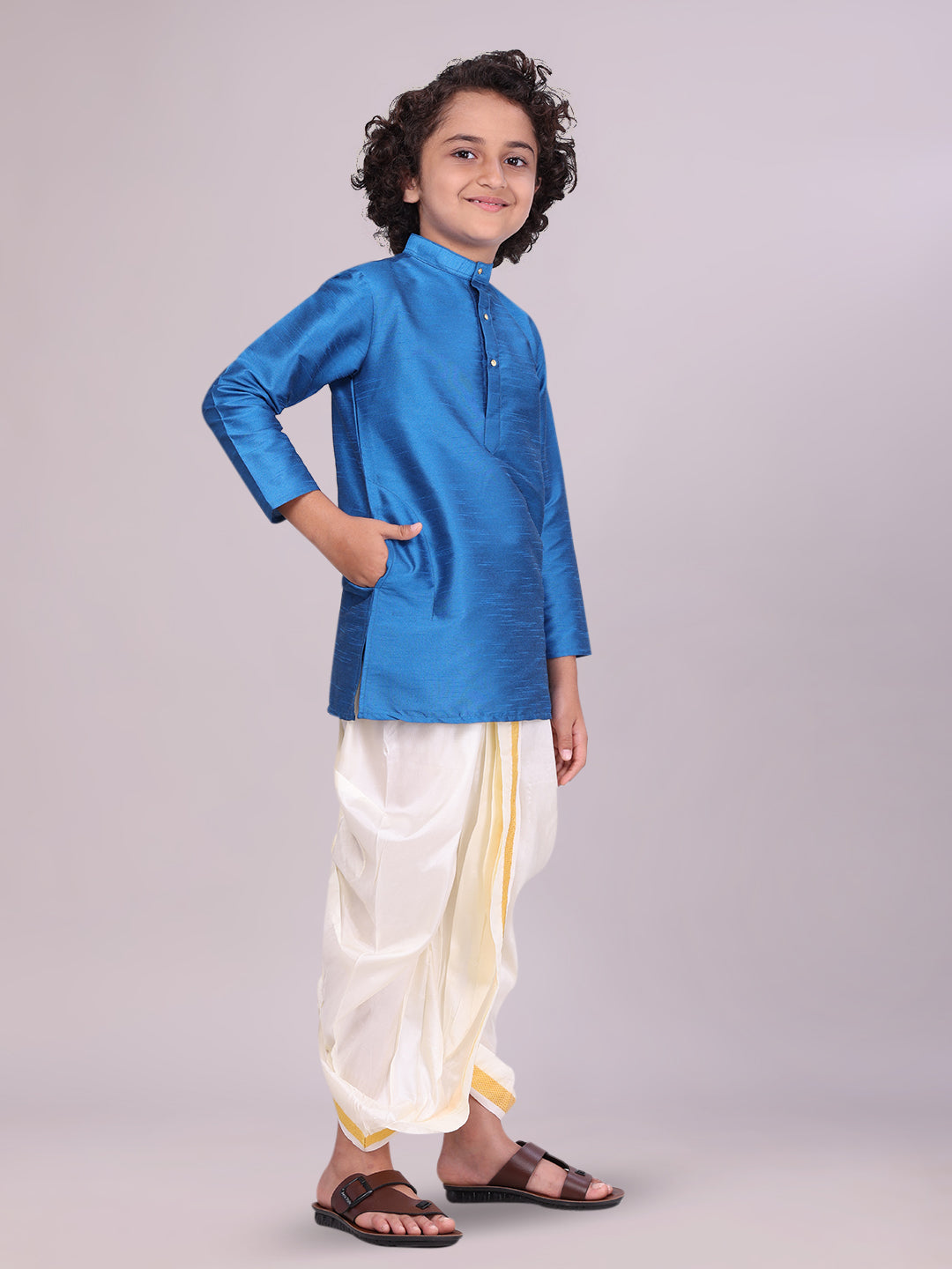 Boys Blue Colour Kurtha with Gold Jari Panchakacham Combo Chitrang