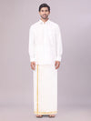 Men's Art Silk Off White Full Sleeves Shirt with 70k Gold Jari Border Dhoti Combo Finesse