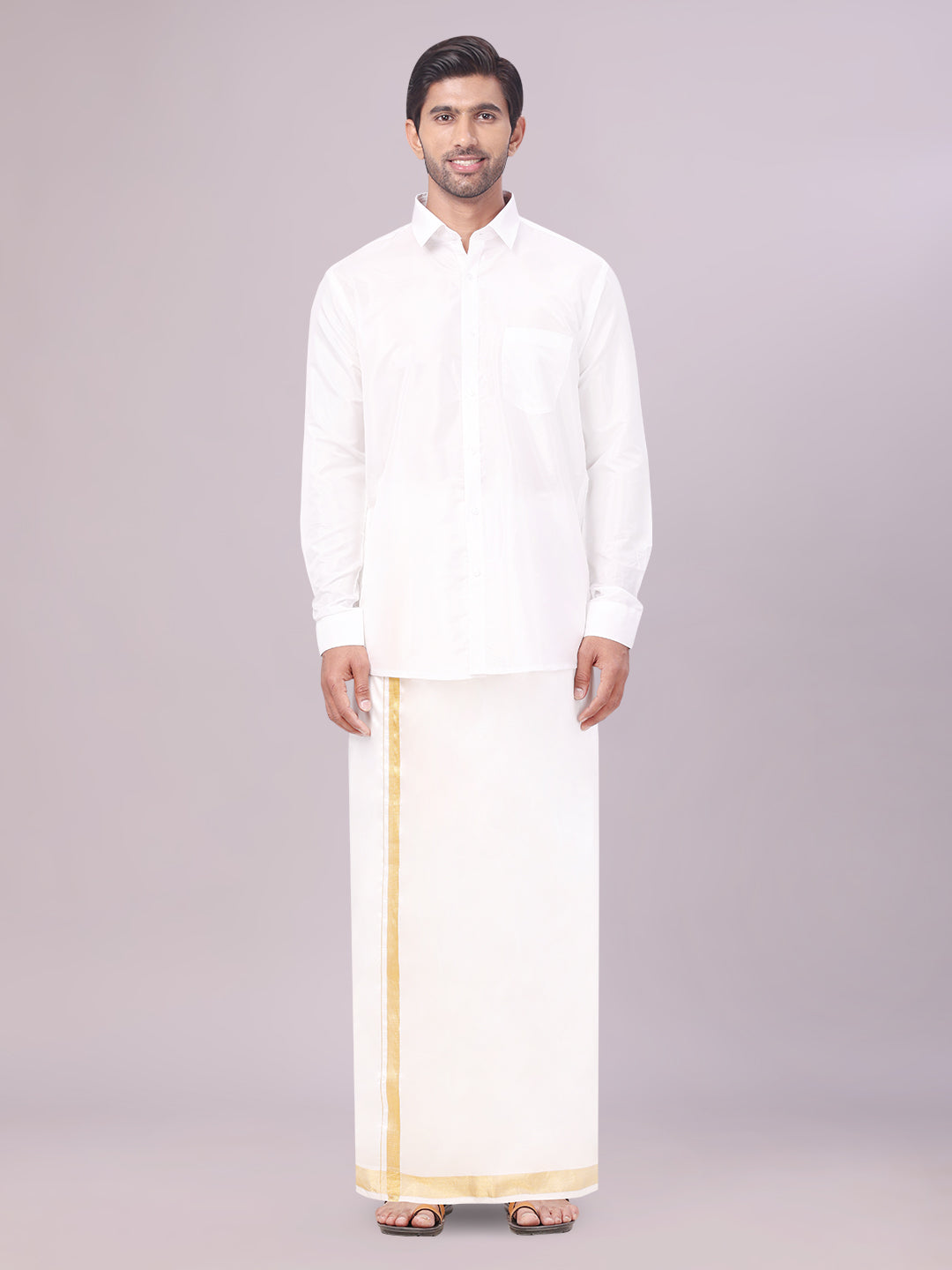 Mens Art Silk Half White Full Sleeves Shirt with 70k Gold Jari Border Dhoti Combo Finesse