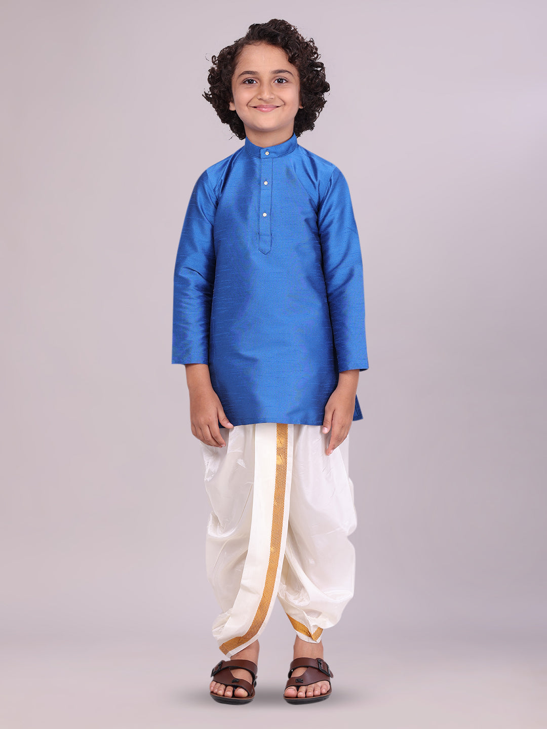 Boys Dark Blue Colour Kurtha with Gold Jari Panchakacham Combo Chitrang