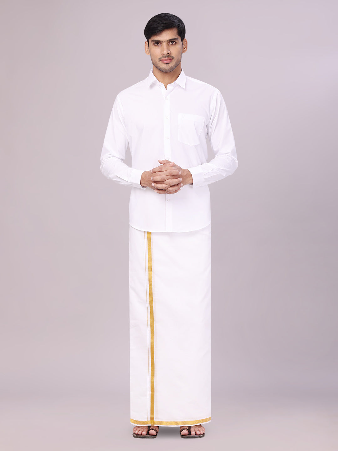 Men's Pure Cotton Wedding White Shirt with Flexi Waist Gold Jari Dhoti and Towel Combo - Anandham White