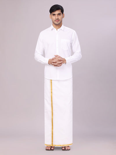 Men's Pure Cotton Wedding White Shirt with Flexi Waist Gold Jari Dhoti and Towel Combo - Anandham White