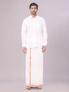 Men's Art Silk Off White Full Sleeves Shirt with Copper Jari Border Dhoti Combo Finesse