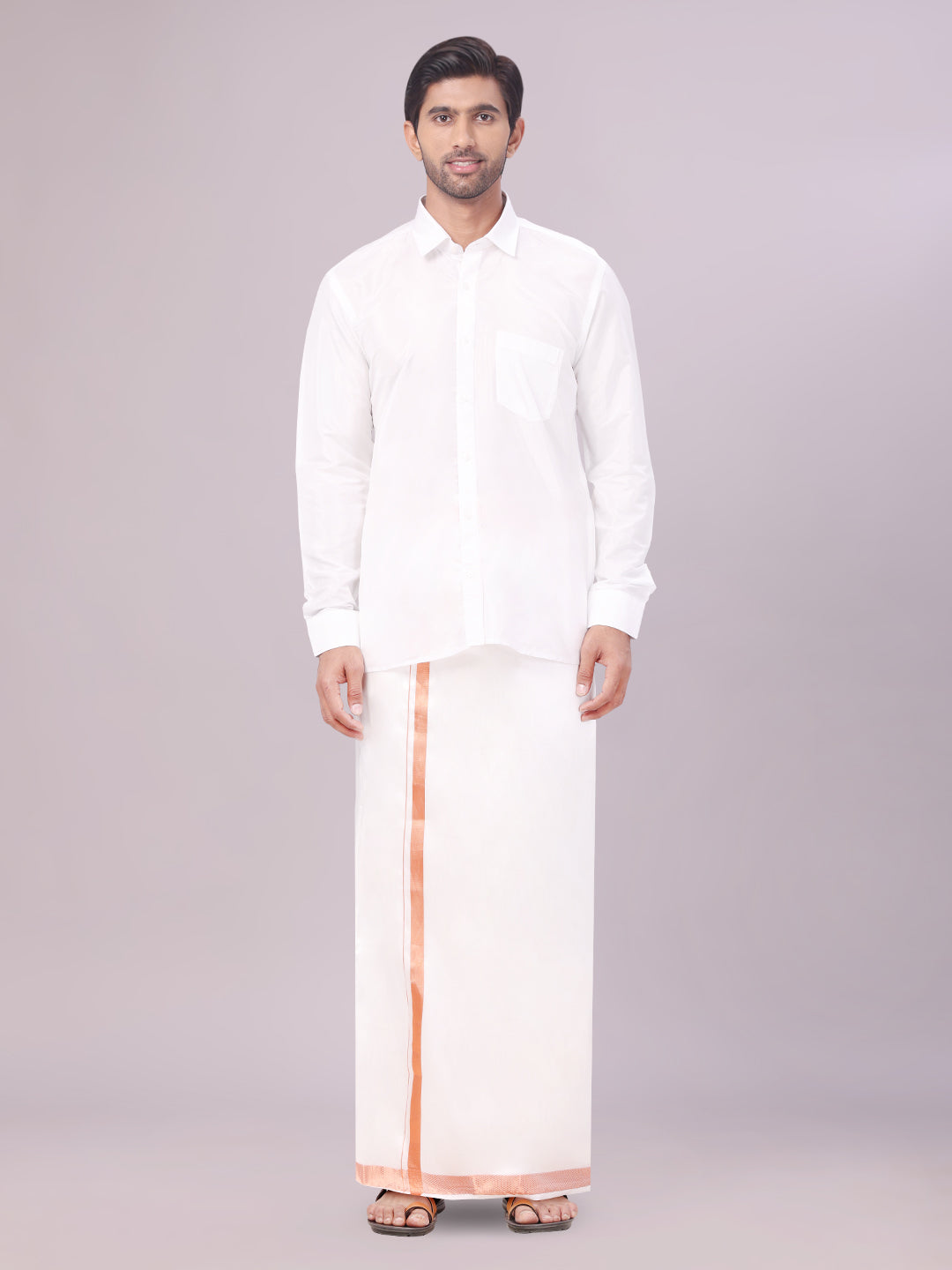 Mens Art Silk Half White Full Sleeves Shirt with Copper Jari Border Dhoti Combo Finesse