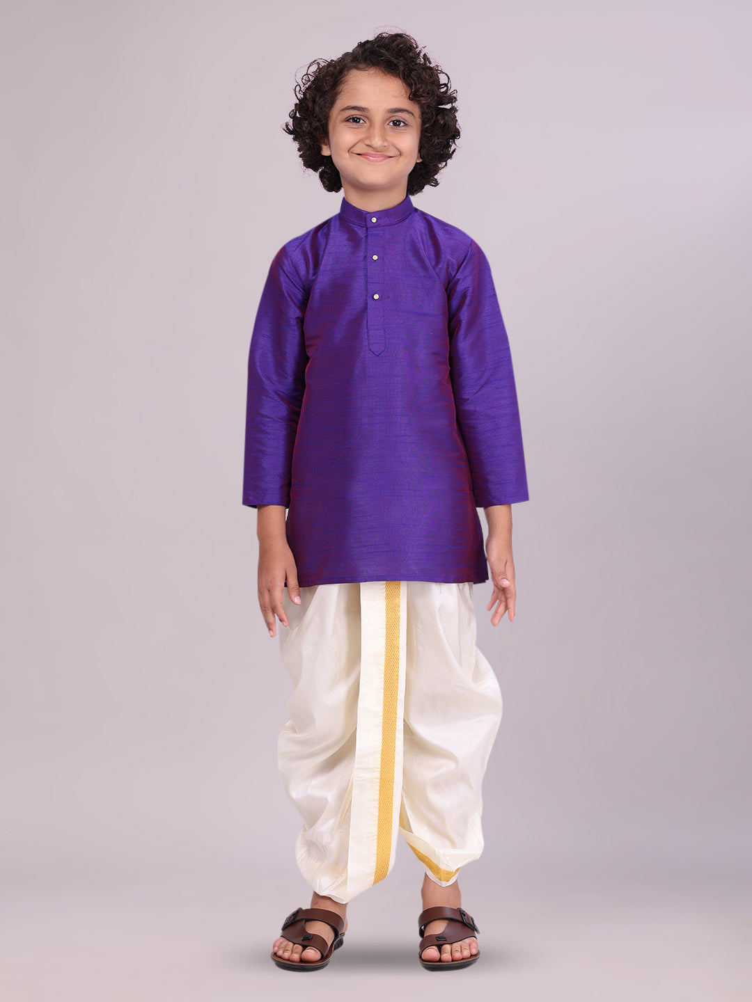 Boys Violet Colour Kurtha with Gold Jari Panchakacham Combo Chitrang