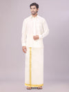 Men's Art Silk Cream Full Sleeves Shirt with 100k Gold Jari Border Dhoti Combo Finesse