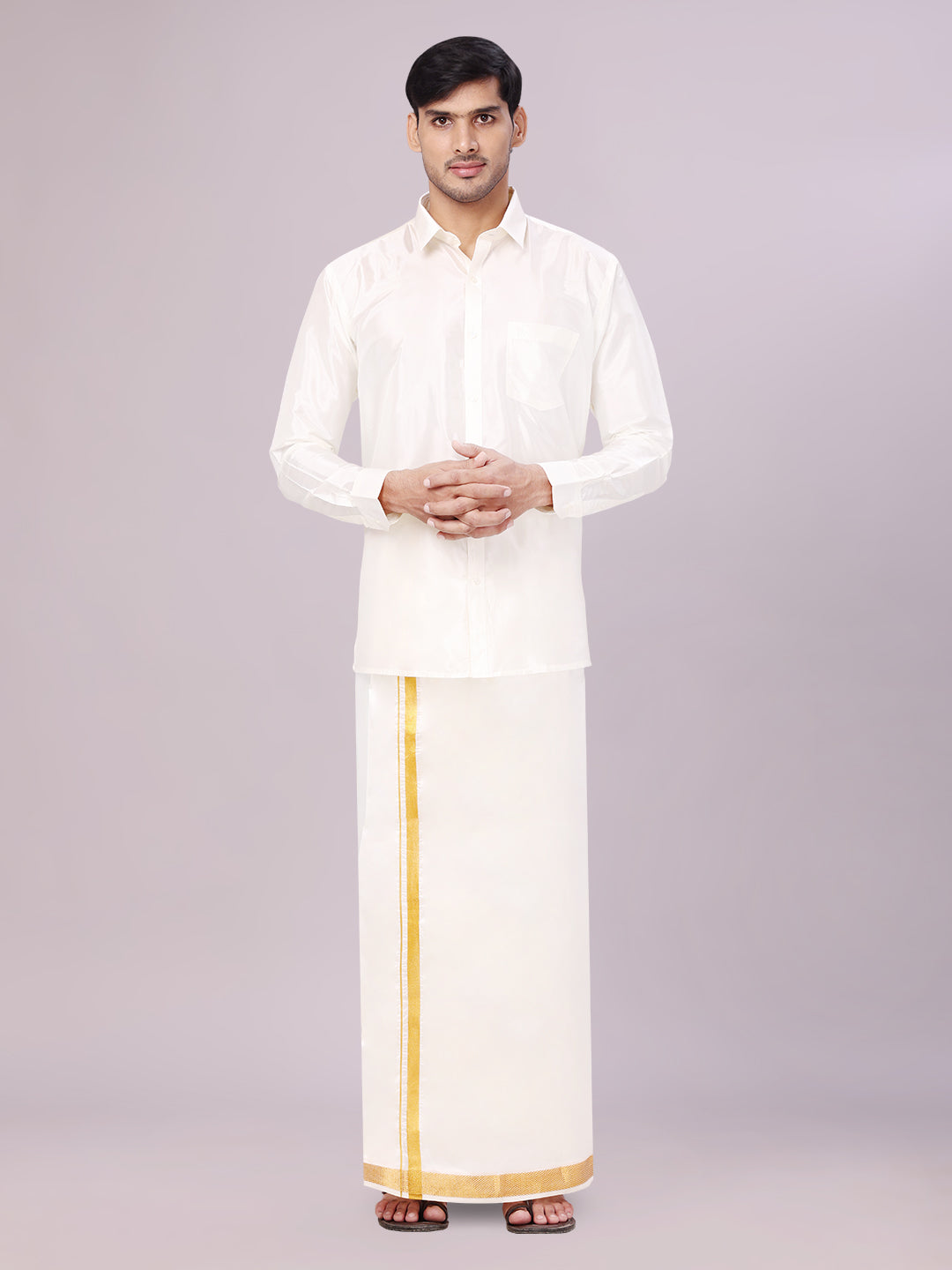 Men's Art Silk Wedding Cream Shirt, Dhoti, Nerial with Belt Combo - Boopalan Cream