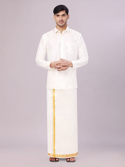 Men's Art Silk Wedding Cream Shirt, Dhoti, Nerial with Belt Combo - Boopalan Cream