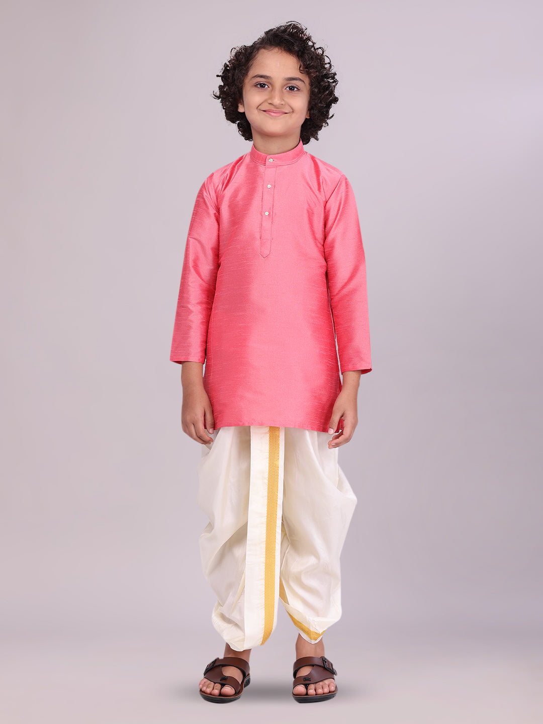 Boys Pink Colour Kurtha with Gold Jari Panchakacham Combo Chitrang