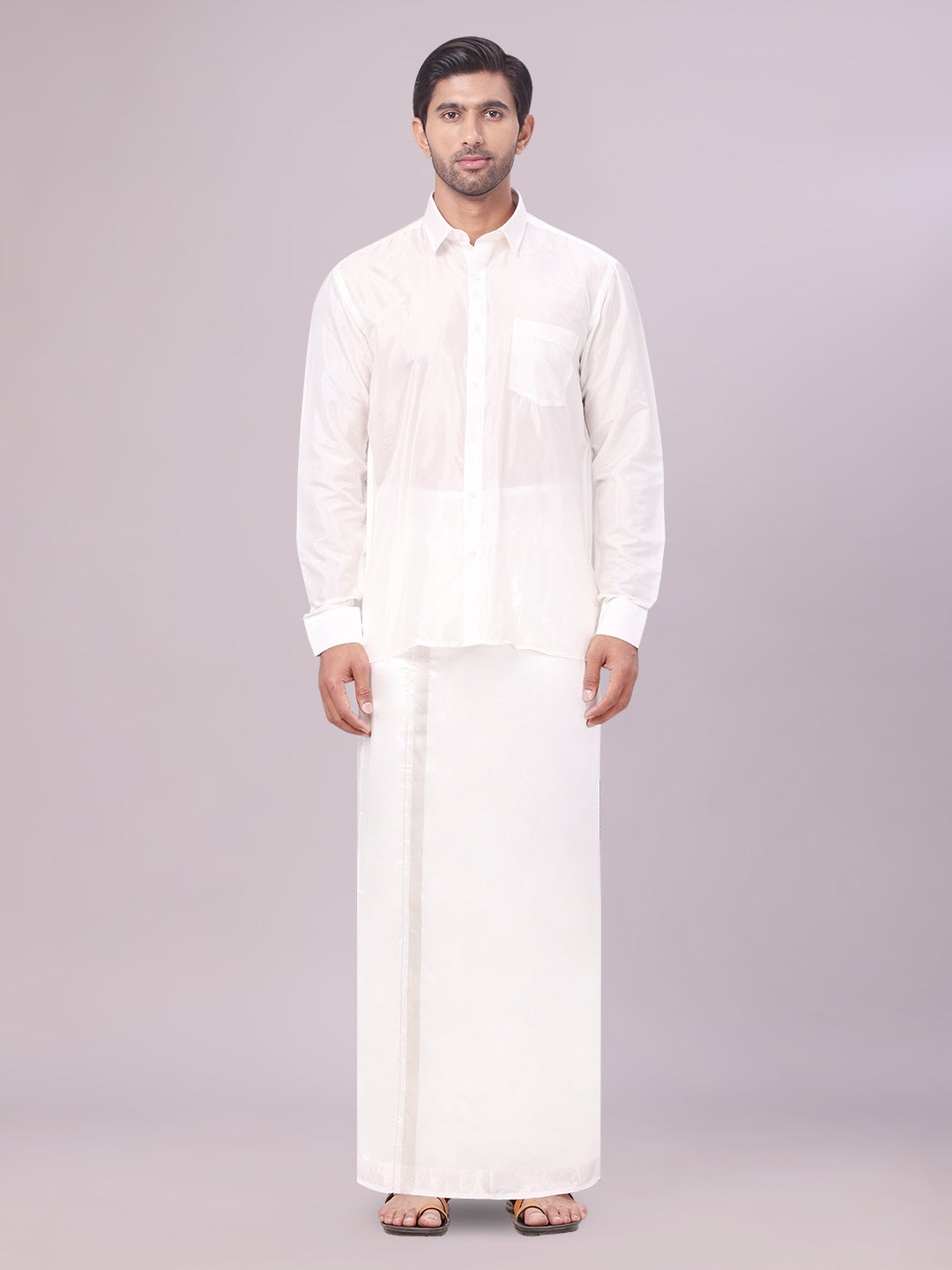 Men's Art Silk Half White Full Sleeves Shirt with Silver Jari Border Dhoti Combo Finesse