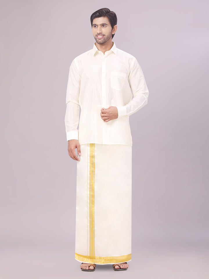 Mens Art Silk Cream Full Sleeves Shirt with 100K Gold Jari Border Dhoti & Towel Combo Blush