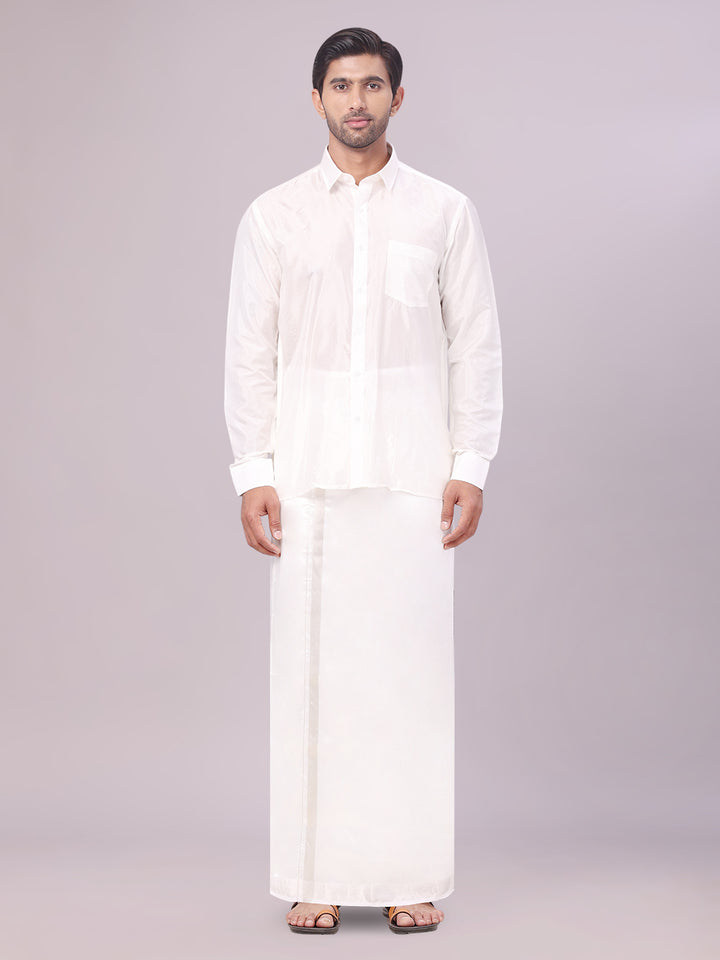 Mens Art Silk Half White Full Sleeves Shirt with Sliver Jari Border Dhoti & Towel Combo Blush