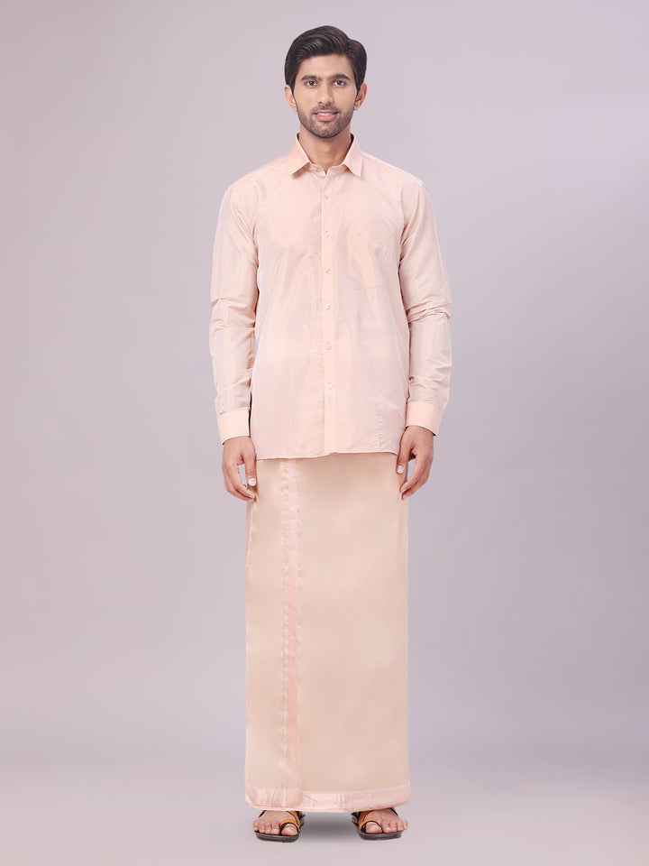 Men's Art Silk Light Copper Full Sleeves Shirt with Copper Jari Border Dhoti Combo Finesse