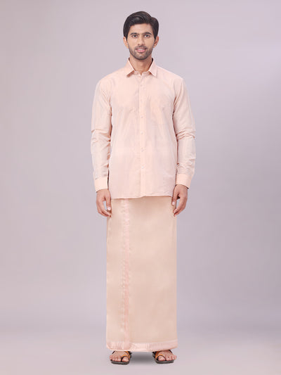 Mens Art Silk Light Copper Full Sleeves Shirt with Copper Jari Border Dhoti Combo Finesse