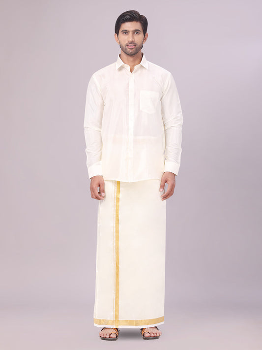 Mens Art Silk Cream Full Sleeves Shirt with 50k Gold Jari Border Dhoti Combo Finesse