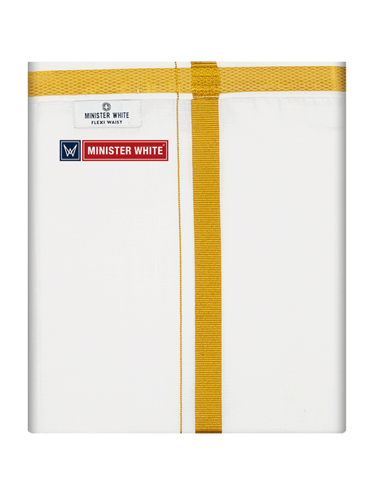 Mens Cotton White Double Layered with Gold Jari Velcro Pocket Dhoti - Energy by Minister White