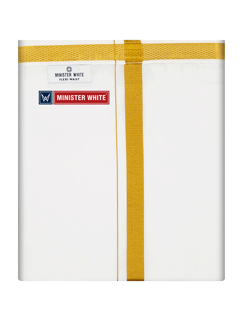 Men's Cotton White Double Layered with 1/2" Gold Jari Velcro Pocket Dhoti - Energy