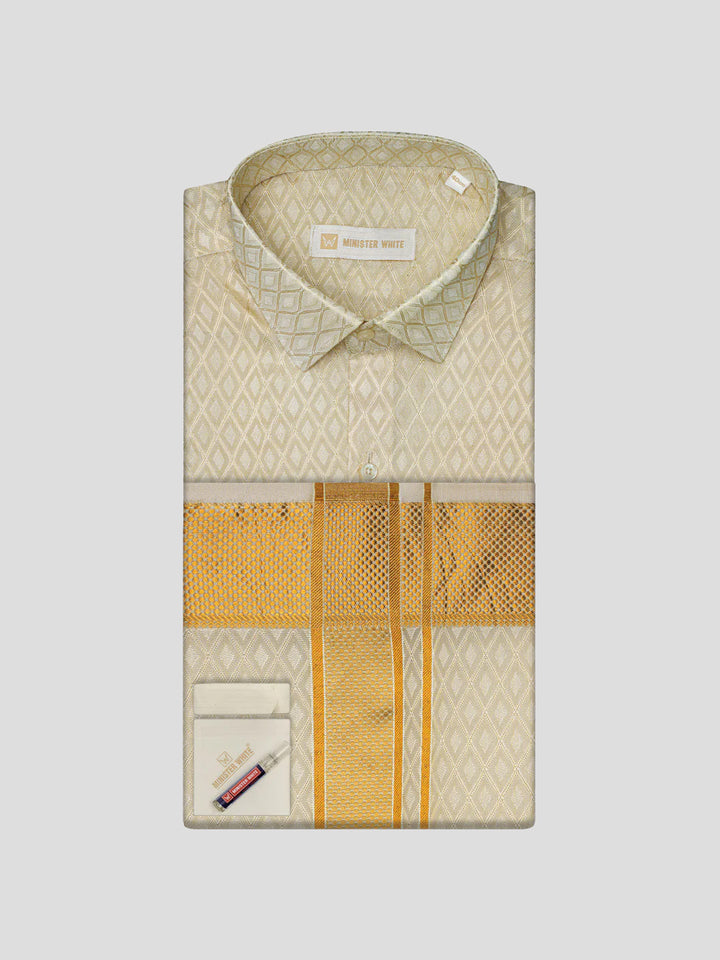 Men's Art Silk Cream Full Sleeves Shirt with 2 1/2" Gold Jari Border Dhoti Combo Spruce