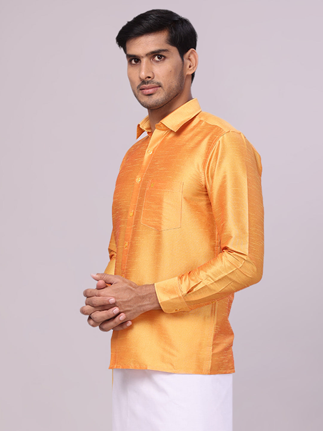 Men Dupion Satin Regular Fit Gold Yellow Color Shirt side pose