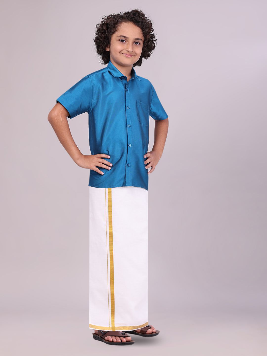 Boys Art Silk Ocean Blue Half Sleeves Shirt with Gold Jari Flexi Dhoti Towel Combo side pose