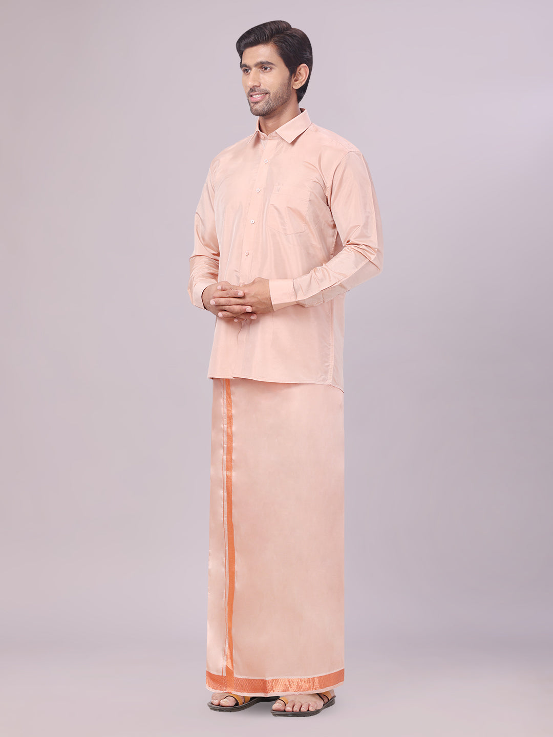 Men's Art Silk Dark Copper Full Sleeves Shirt with Copper Jari Border Dhoti Combo Finesse side pose