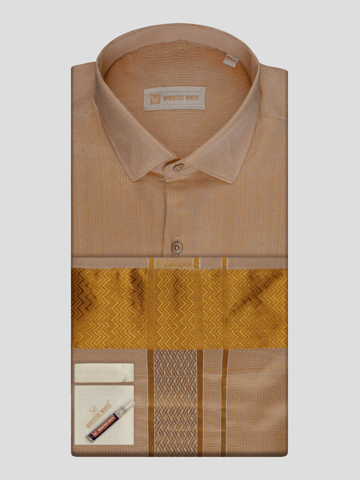 Men's Art Silk Biscuit Jacquard Full Sleeves Shirt with 2 1/2" Gold Jari Border & Towel Dhoti Combo Nautica