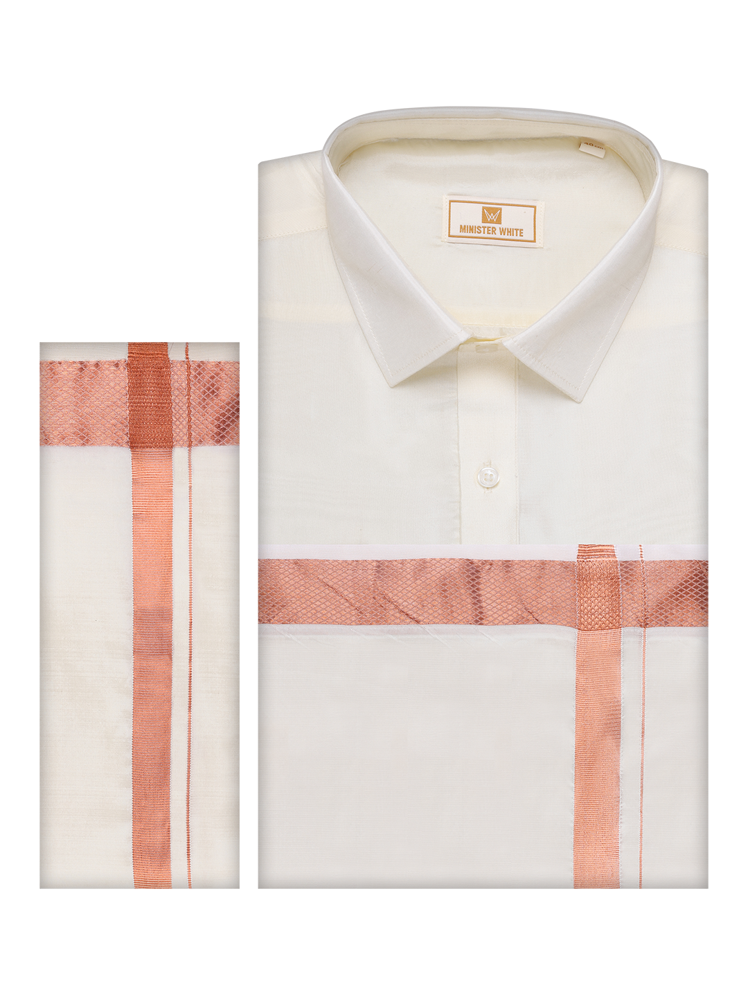 Mens Art Silk Cream Full Sleeves Shirt with Copper Jari Border Dhoti Combo Finesse