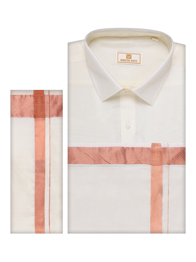 Mens Art Silk Cream Full Sleeves Shirt with Copper Jari Border Dhoti Combo Finesse