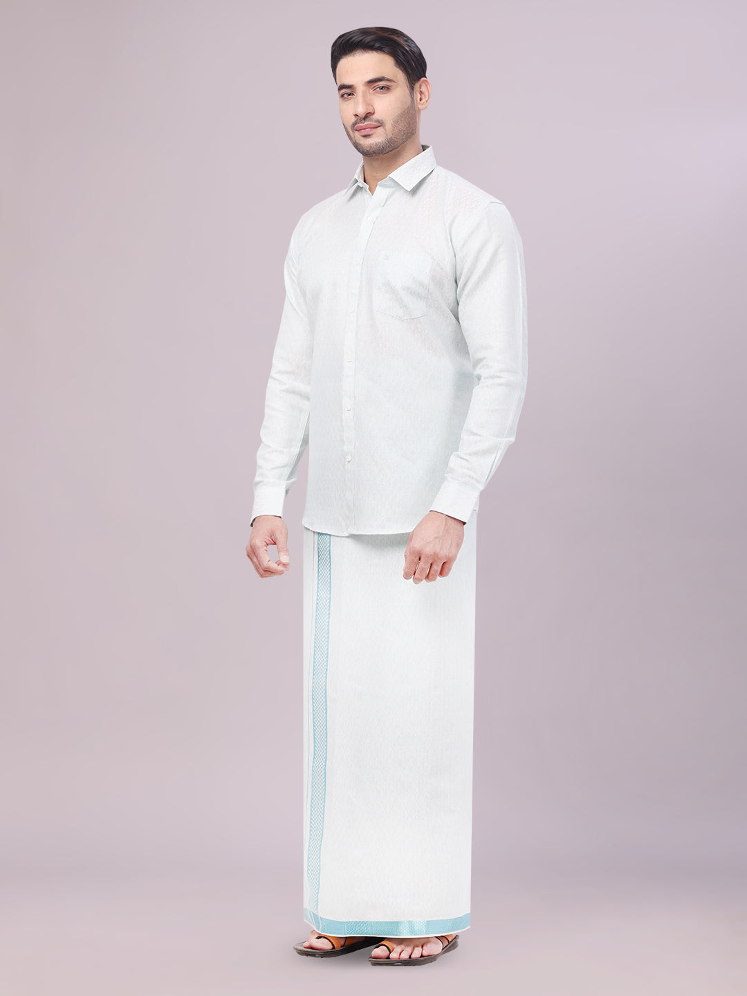 Men's Mint Blue Color Jacquard Shirt with Matching Flexi Dhoti Combo Zeebra side pose