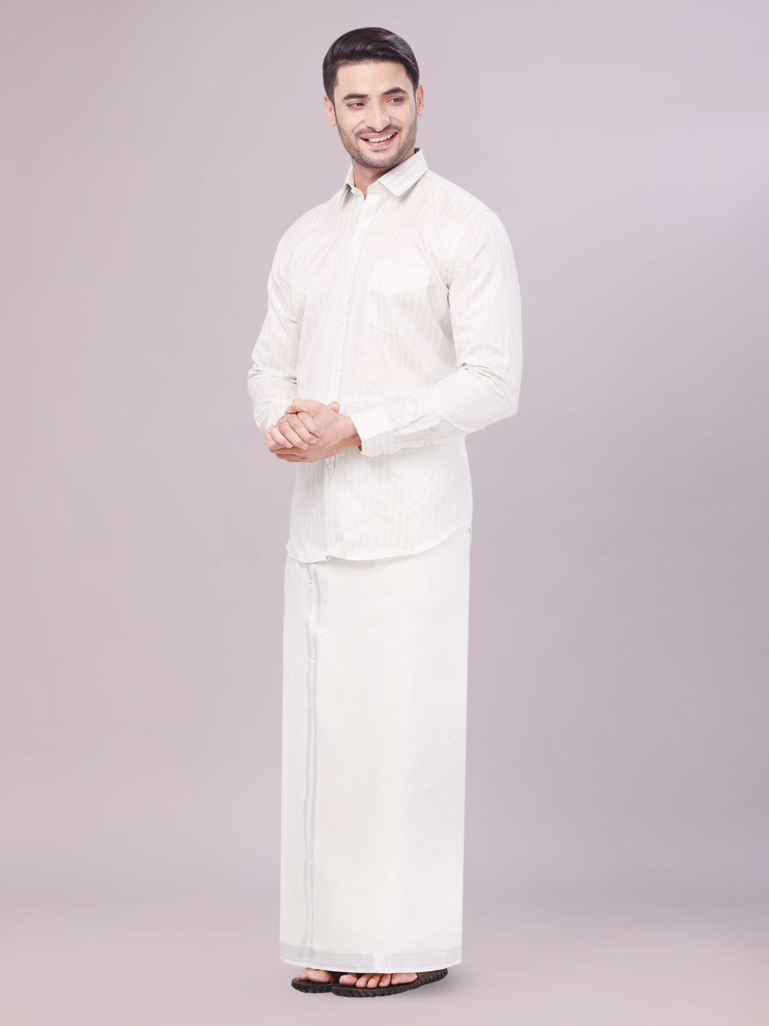 Men's Tissue Stripes Silver Shirt with Plain Jari Border Dhoti Wedding Combo Carter side pose