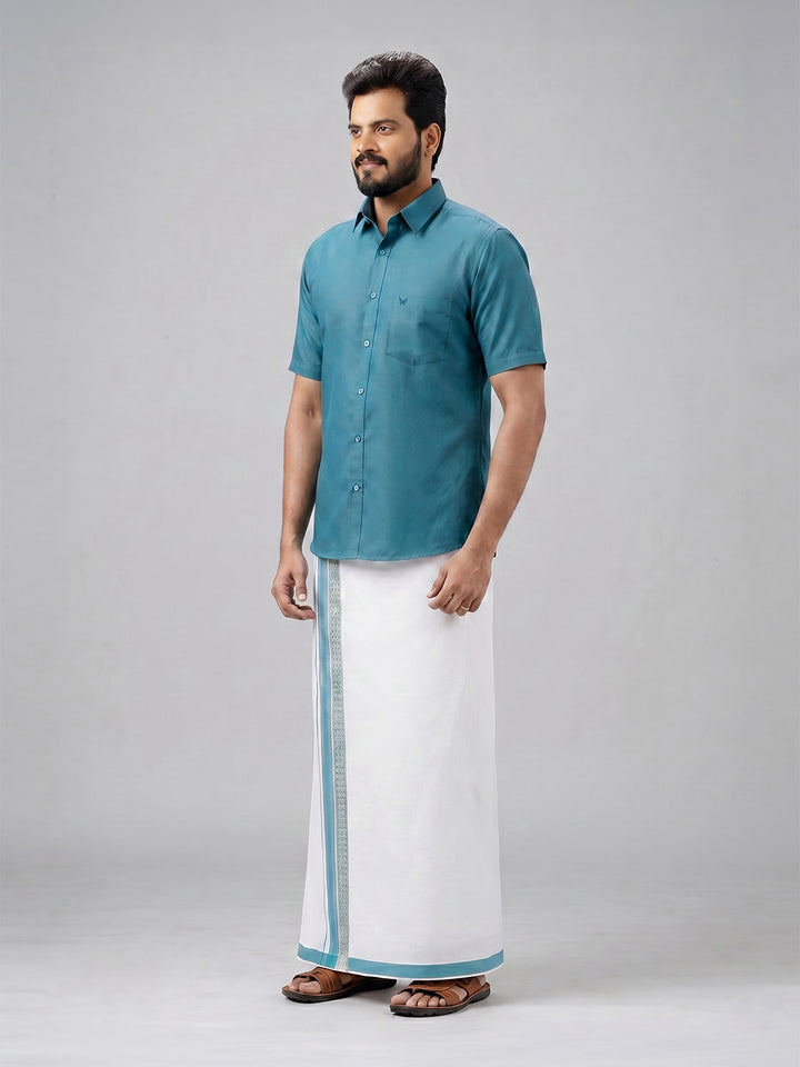 Men's Cotton Green Matching Shirt with Fancy Printed Border Dhoti Combo Luster Trend
