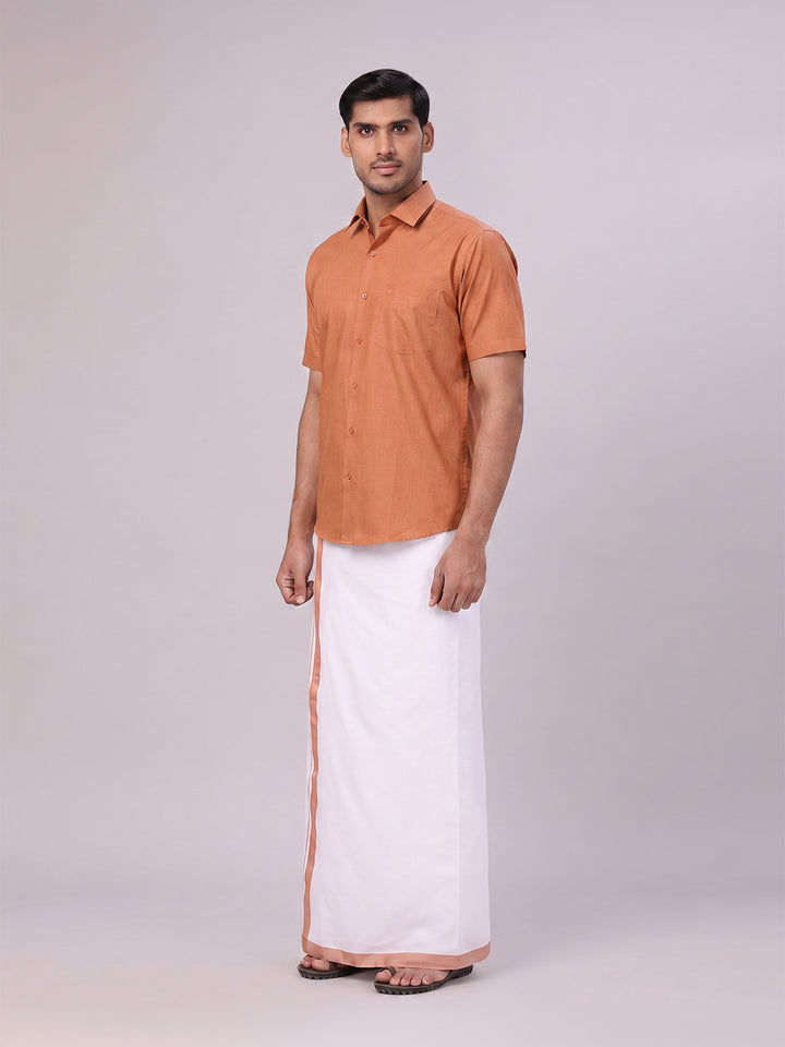 Mens Brown Color Shirt with Matching Border Dhoti Combo Casper