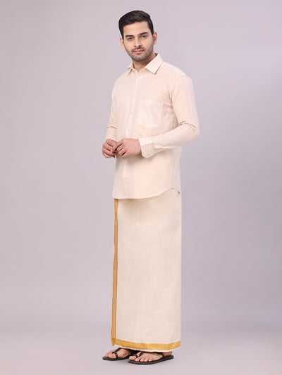 Men's Tissue Gold Shirt with Jacquard Fancy Border Dhoti Wedding Combo Nios side pose