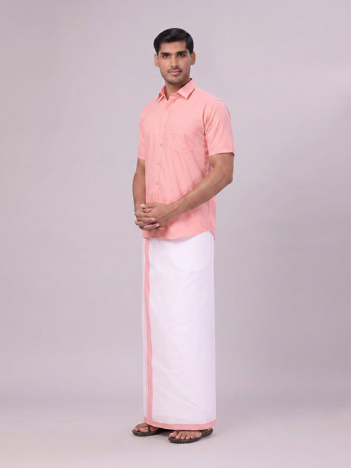Mens Light Pink Color Shirt with Matching Border Dhoti Combo Casper