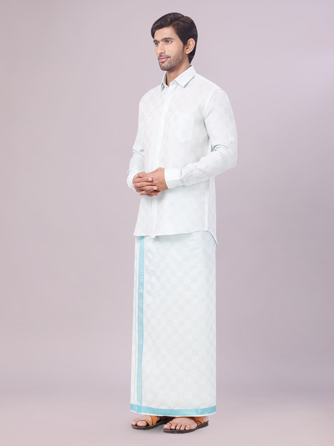 Men's Mint Blue Tissue Jacquard Shirt with Matching Dhoti Combo Zeus side pose