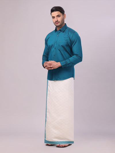 Mens Cotton Steel Blue Shirt and Airtex Matching Border Dhoti Combo Nector