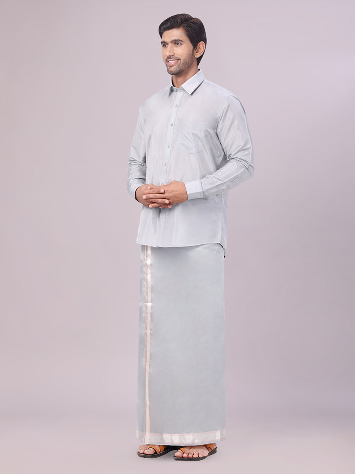Mens Art Silk Steel Grey Full Sleeves Shirt with Gold Jari Border Dhoti & Towel Combo Blush