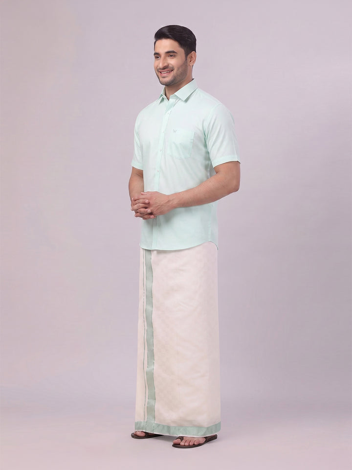 Men's Cotton Sea Green Shirt and Airtex Matching Border Dhoti Combo Nector