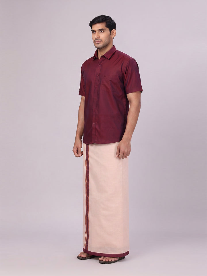 Mens Cotton Maroon Shirt with Tissue Matching Border Dhoti Wedding Combo Kandala