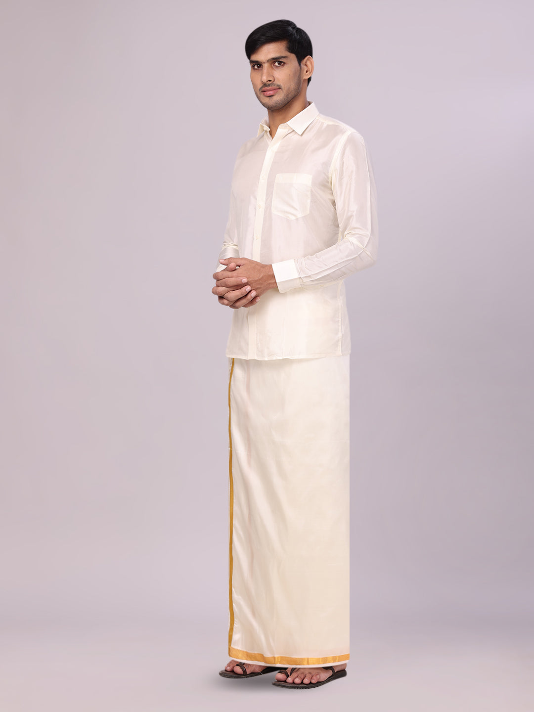 Mens Silk Mix Wedding Cream Shirt, Dhoti, Nerial with Belt Combo - Thamboolam