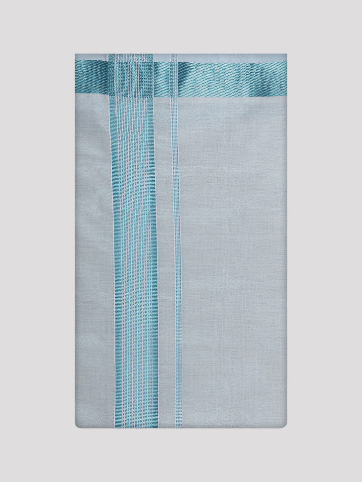 Men's Tissue Stripes Mint Blue Plain Jari Border Dhoti Wedding Carter