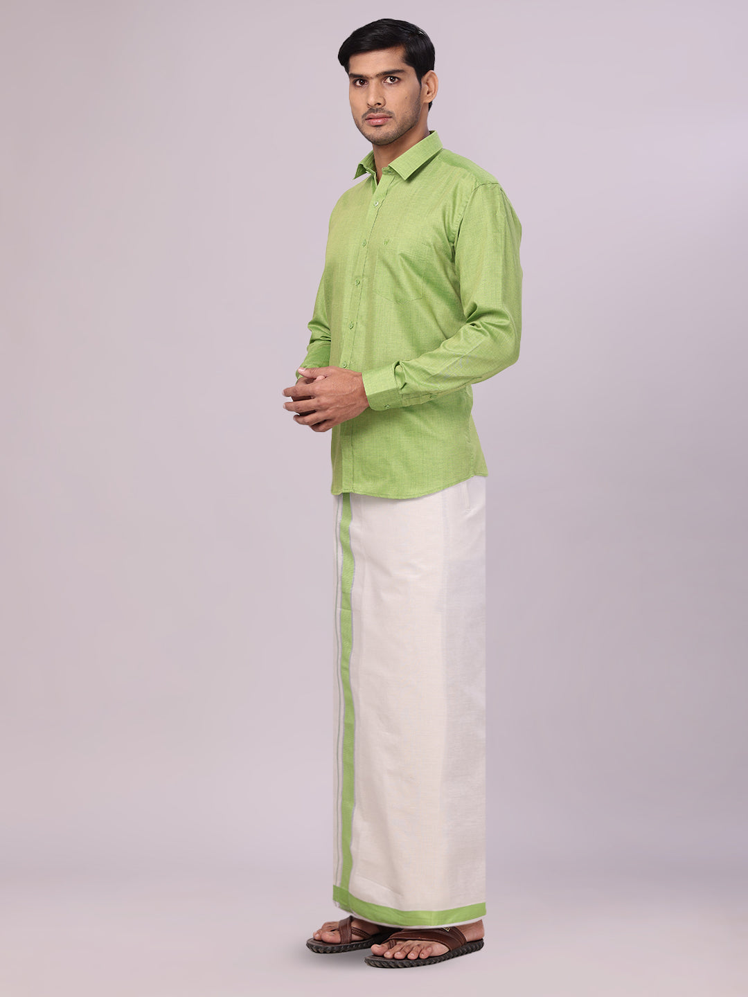 Men's Cotton Light Green Shirt with Tissue Matching Border Flexi Dhoti Wedding Combo Kandala side pose