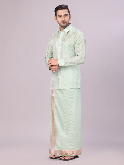 Men's Art Silk Pista Jacquard Full Sleeves Shirt with 2 1/2" Jari Border & Towel Dhoti Combo Nautica