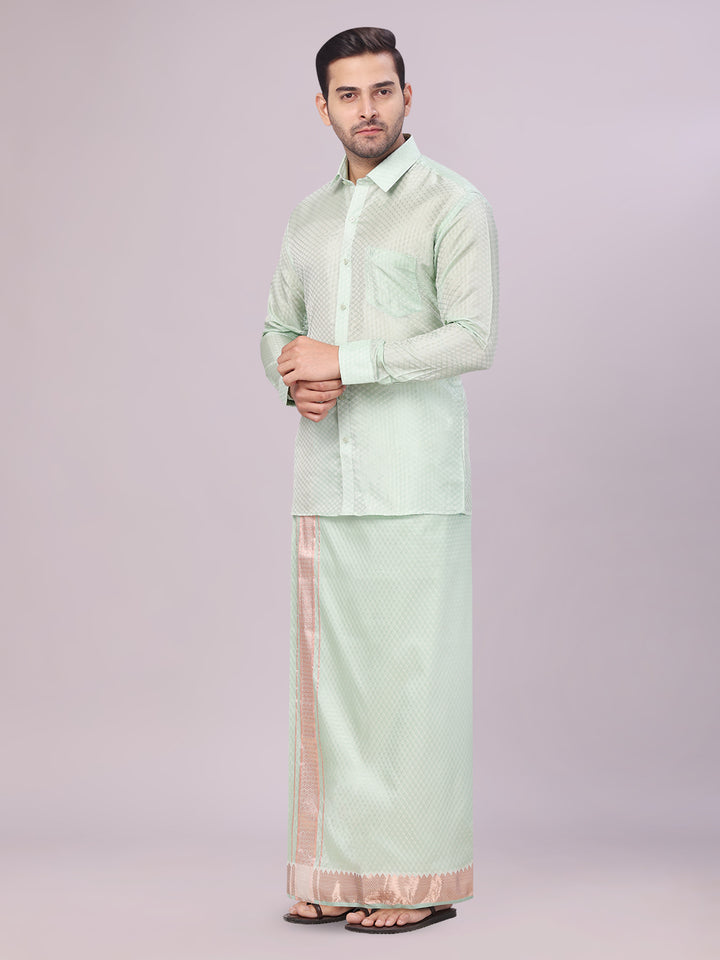 Men's Art Silk Pista Jacquard Full Sleeves Shirt with 2 1/2" Jari Border & Towel Dhoti Combo Nautica
