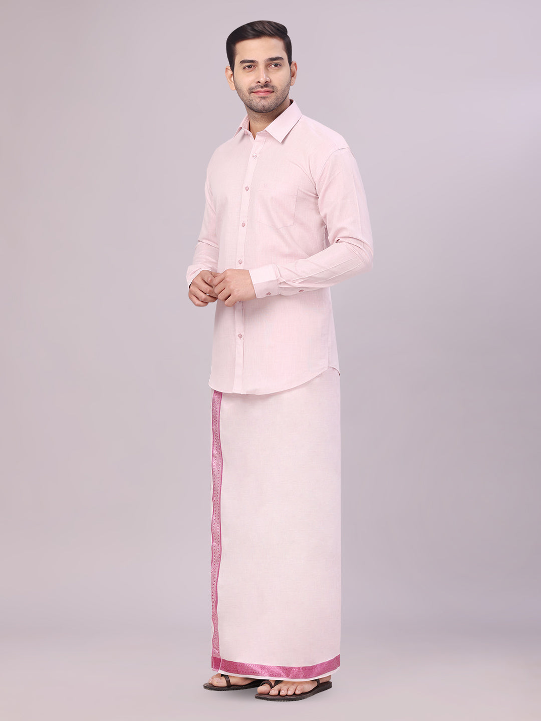 Men's Tissue Rose Shirt with Jacquard Fancy Border Dhoti Wedding Combo Nios side pose