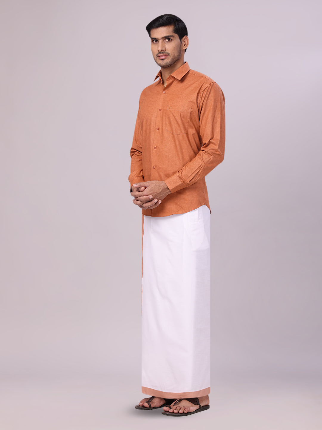 Men's Cotton Brown Shirt with Matching Border Flexi Dhoti Combo Casper Flexi side pose