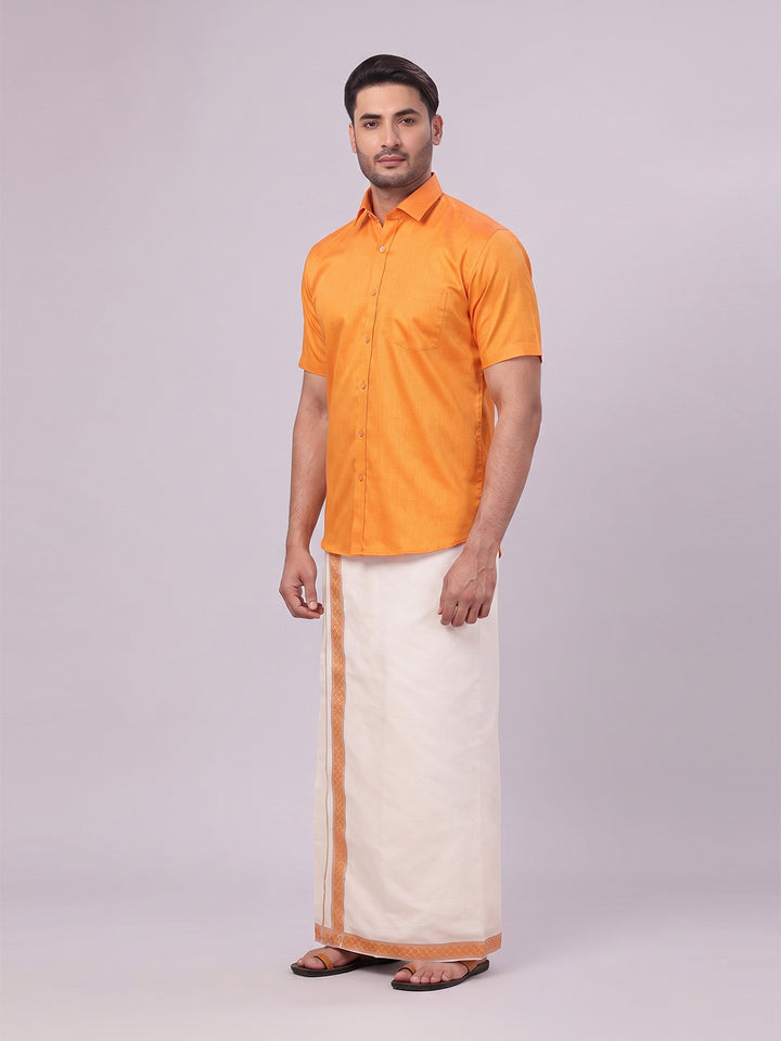 Men's Cotton Orange Shirt and Airtex Matching Border Dhoti Combo Nector