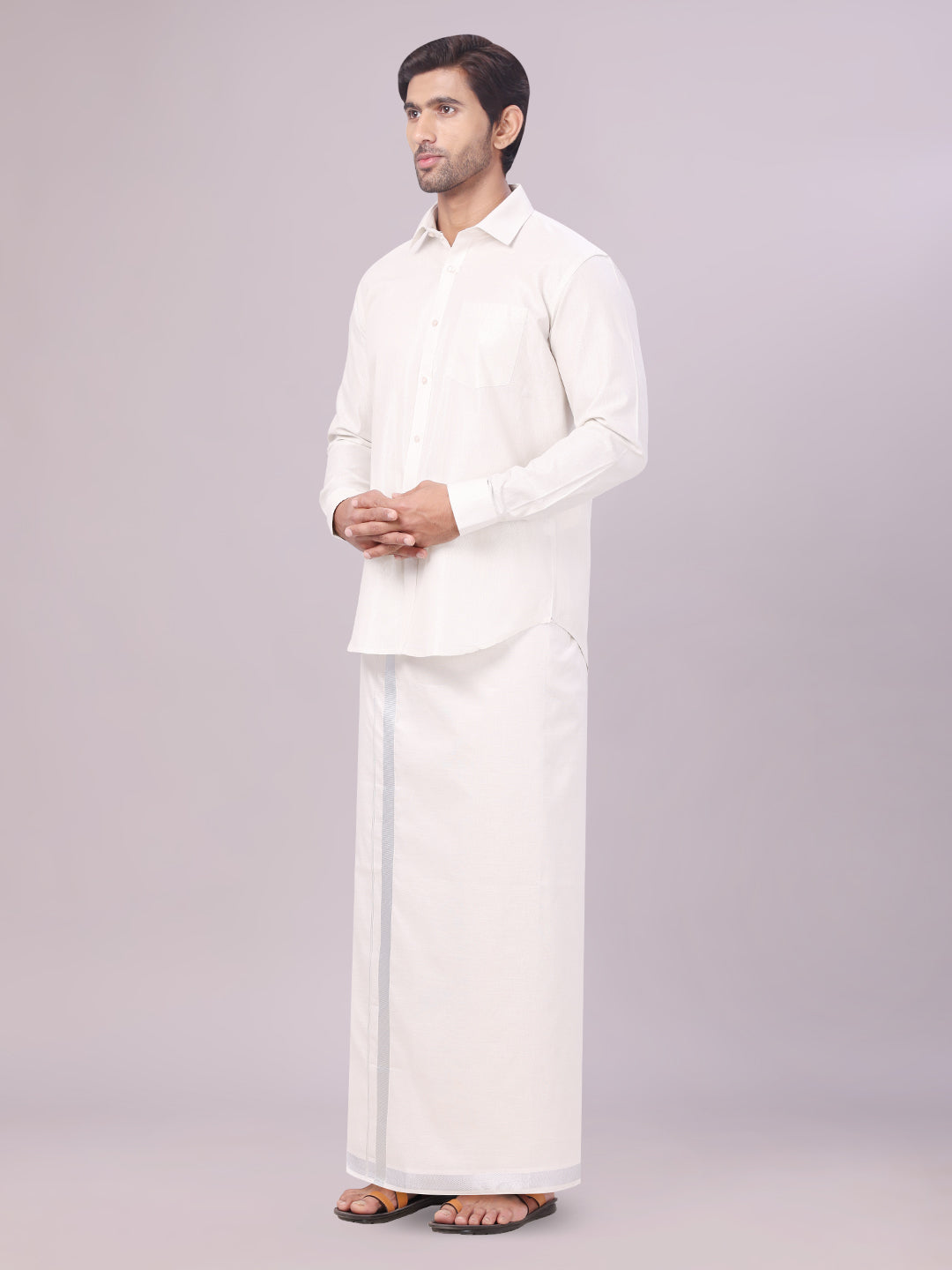 Men's Tissue Silver Colour Dhoti Shirt Wedding Combo Maverick side pose