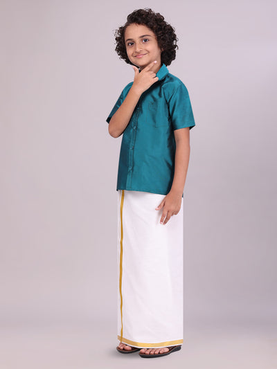 Boys Art Silk Aqua Blue Half Sleeves Shirt with Gold Jari Flexi Dhoti Towel Combo side pose