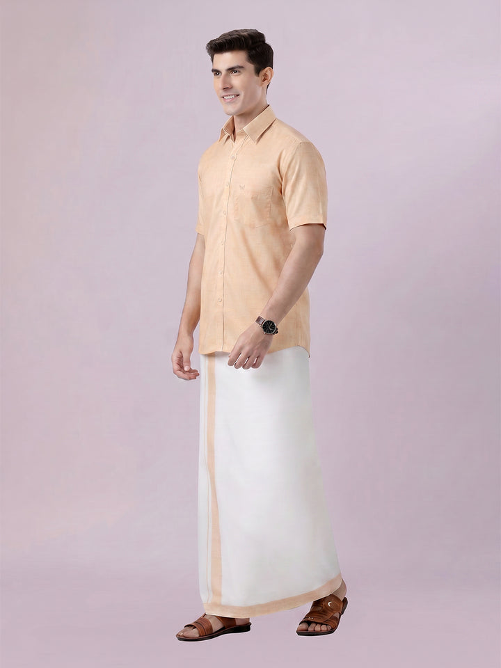 Men's Sun Gold Color Digital Printed Shirt with Matching Printed Border Dhoti Combo Varnam